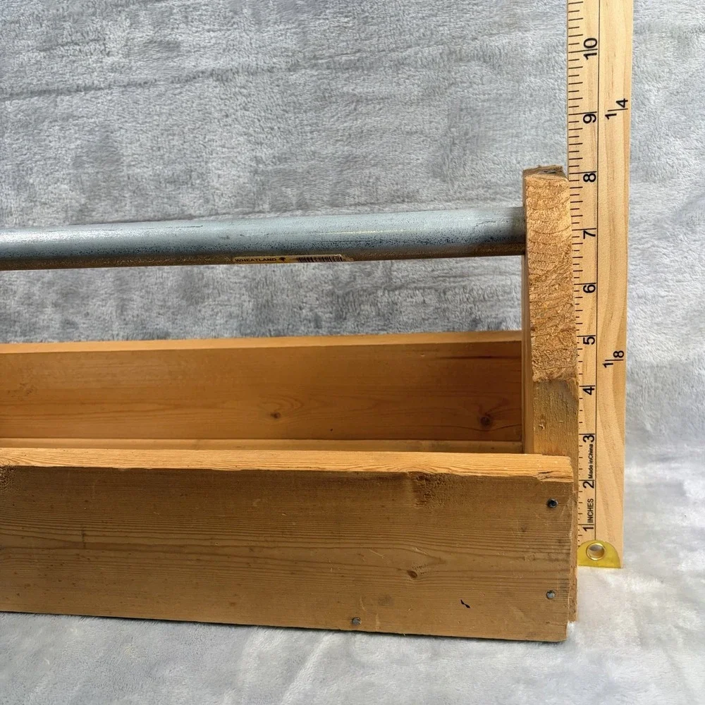 Rustic Handmade Wooden Tool Caddy Tote w/ Metal Pipe Handle Primitive Industrial